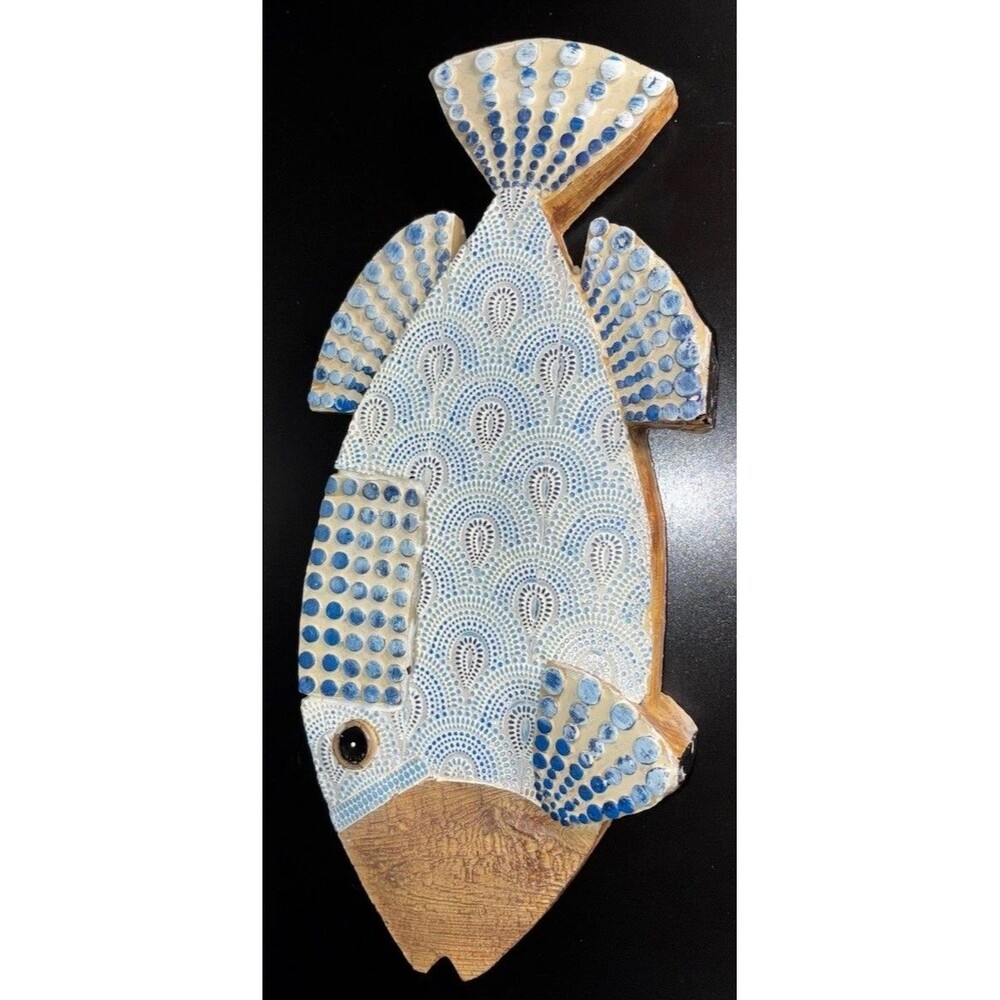 Hand Carved Wood Tropical Fish Coastal Beach House Sculpture Free Standing